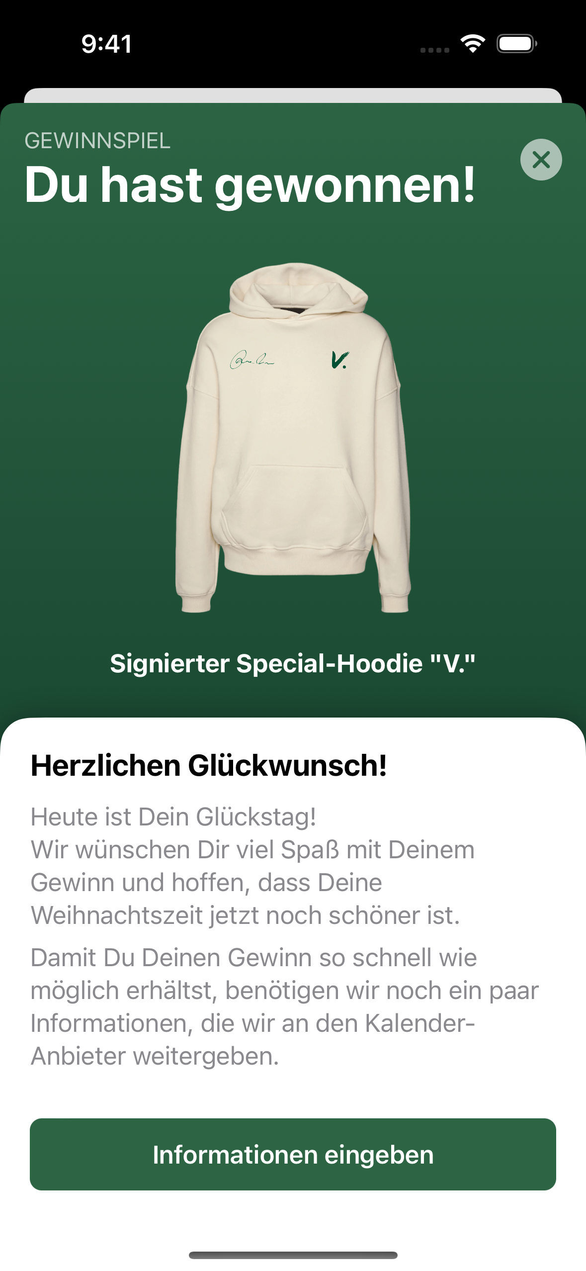 24doors App-Ansicht zum Einreichen von Gewinndaten