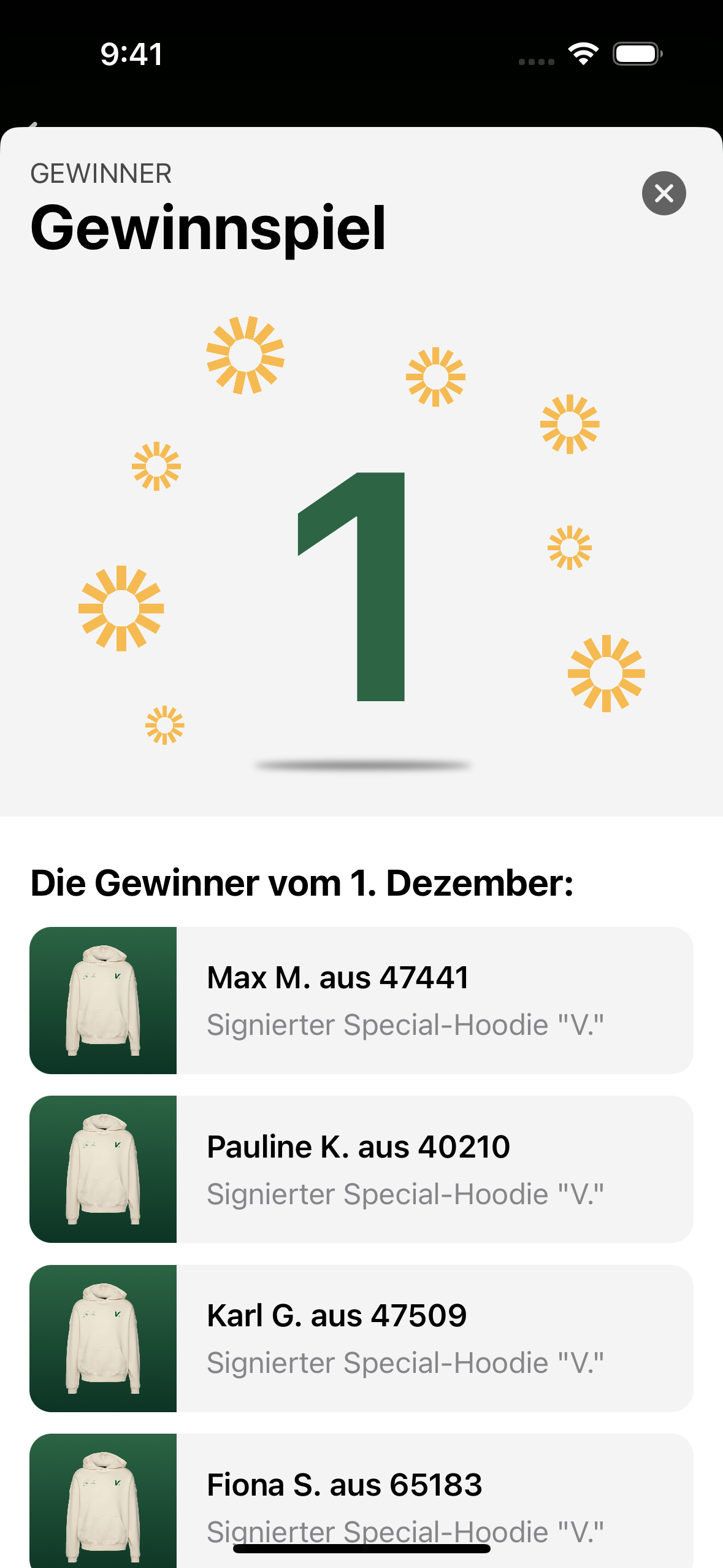 24doors App-Ansicht mit Bekanntgabe eines Quizgewinners